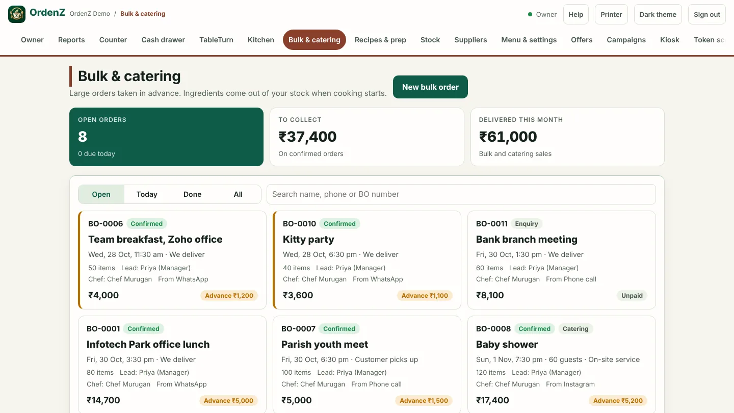 Bulk and catering orders with dates, team and payment status
