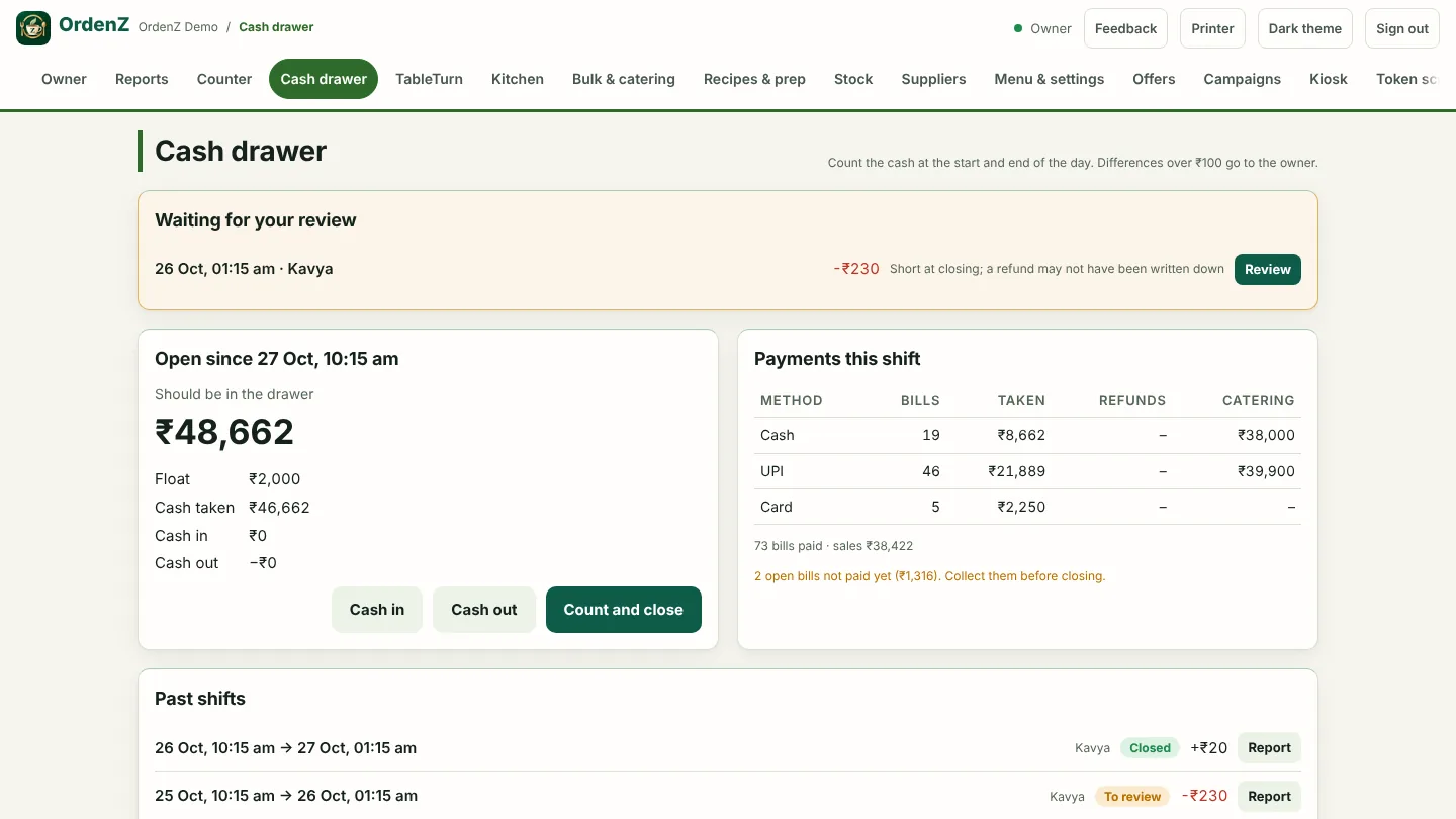 The cash drawer: expected cash, payments this shift and a shift waiting for review