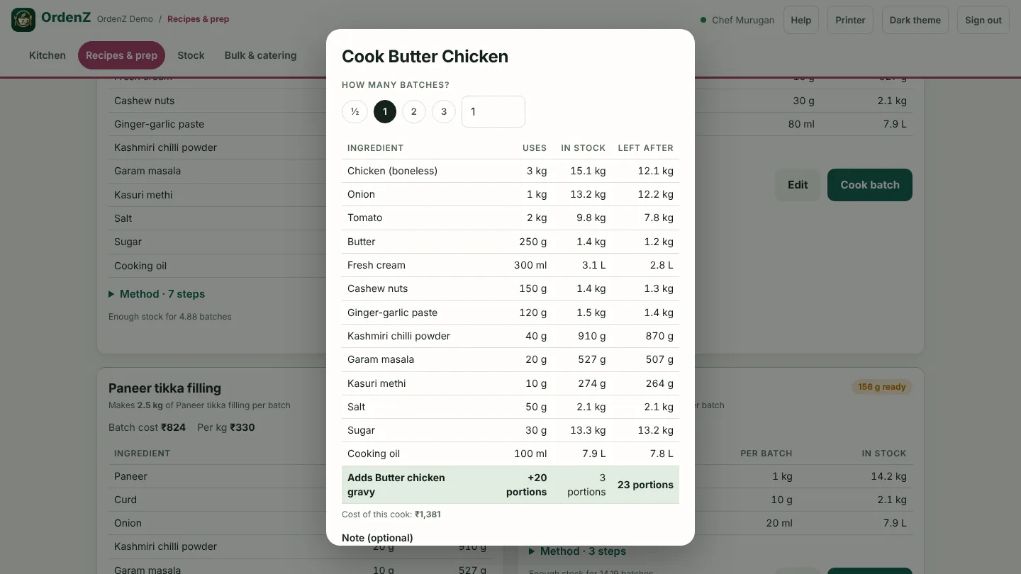 Cooking a batch of a standard recipe