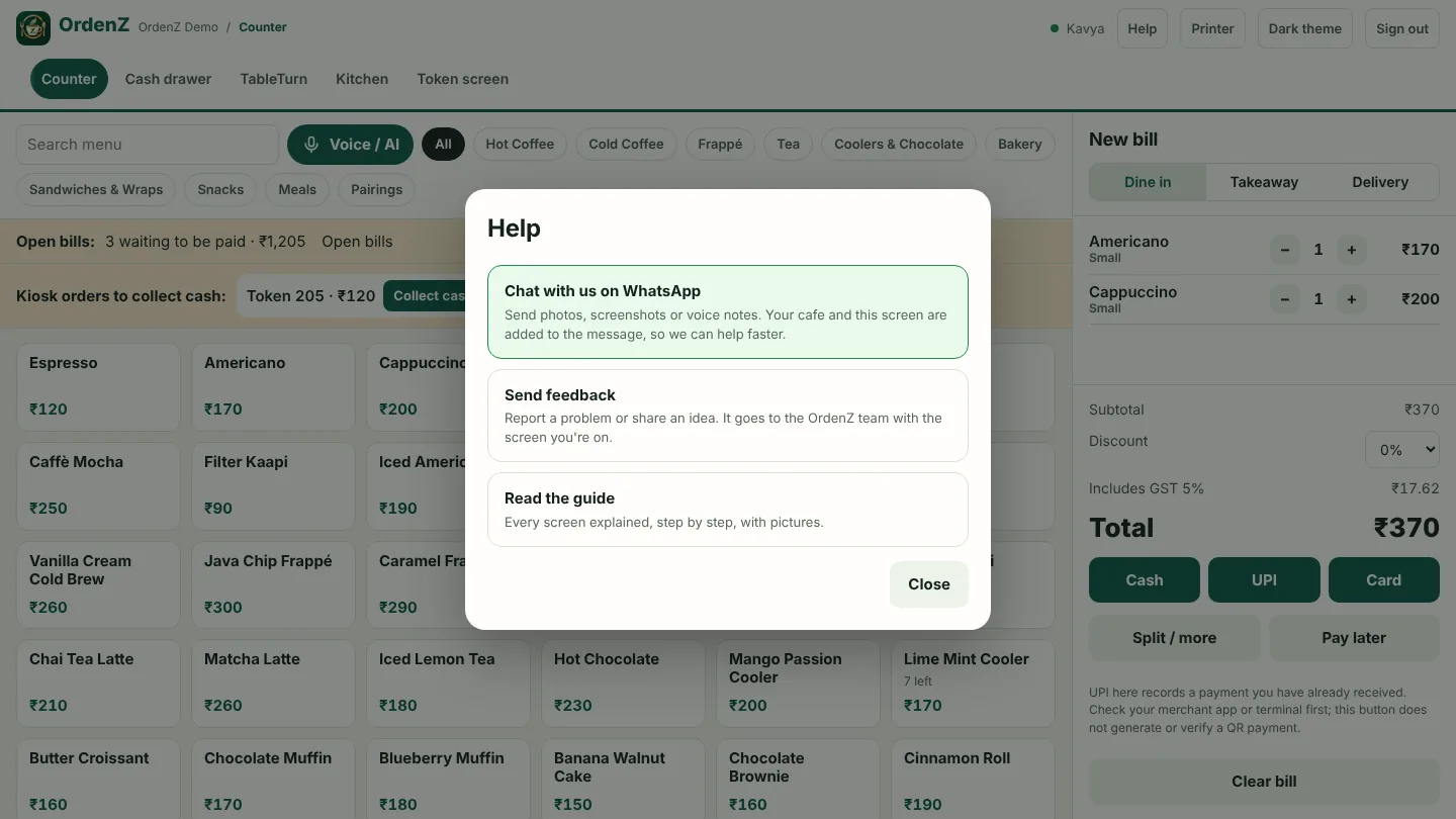 The Help menu with WhatsApp, feedback and the guide