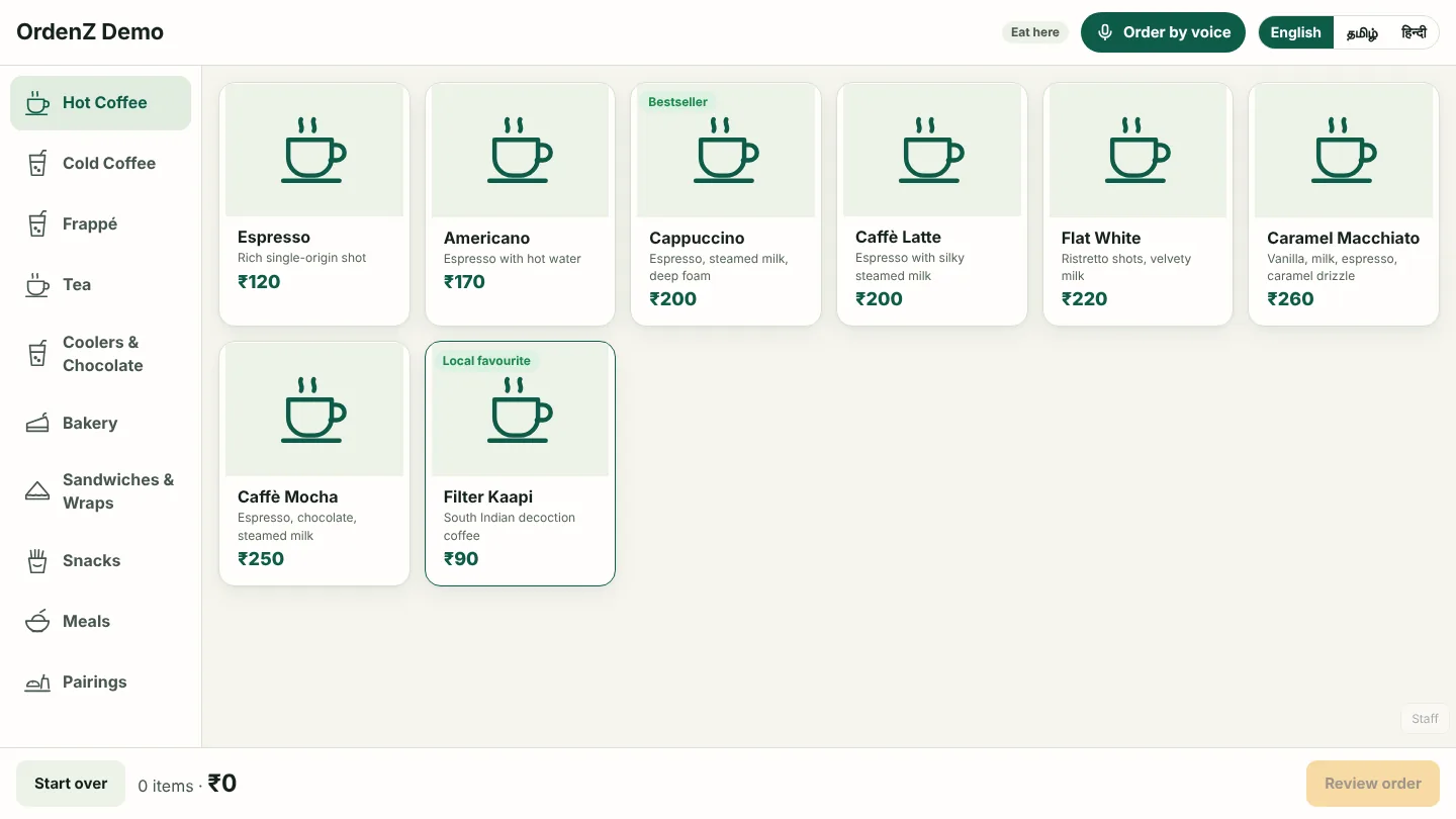 OrdenZ self-order kiosk showing a cafe menu