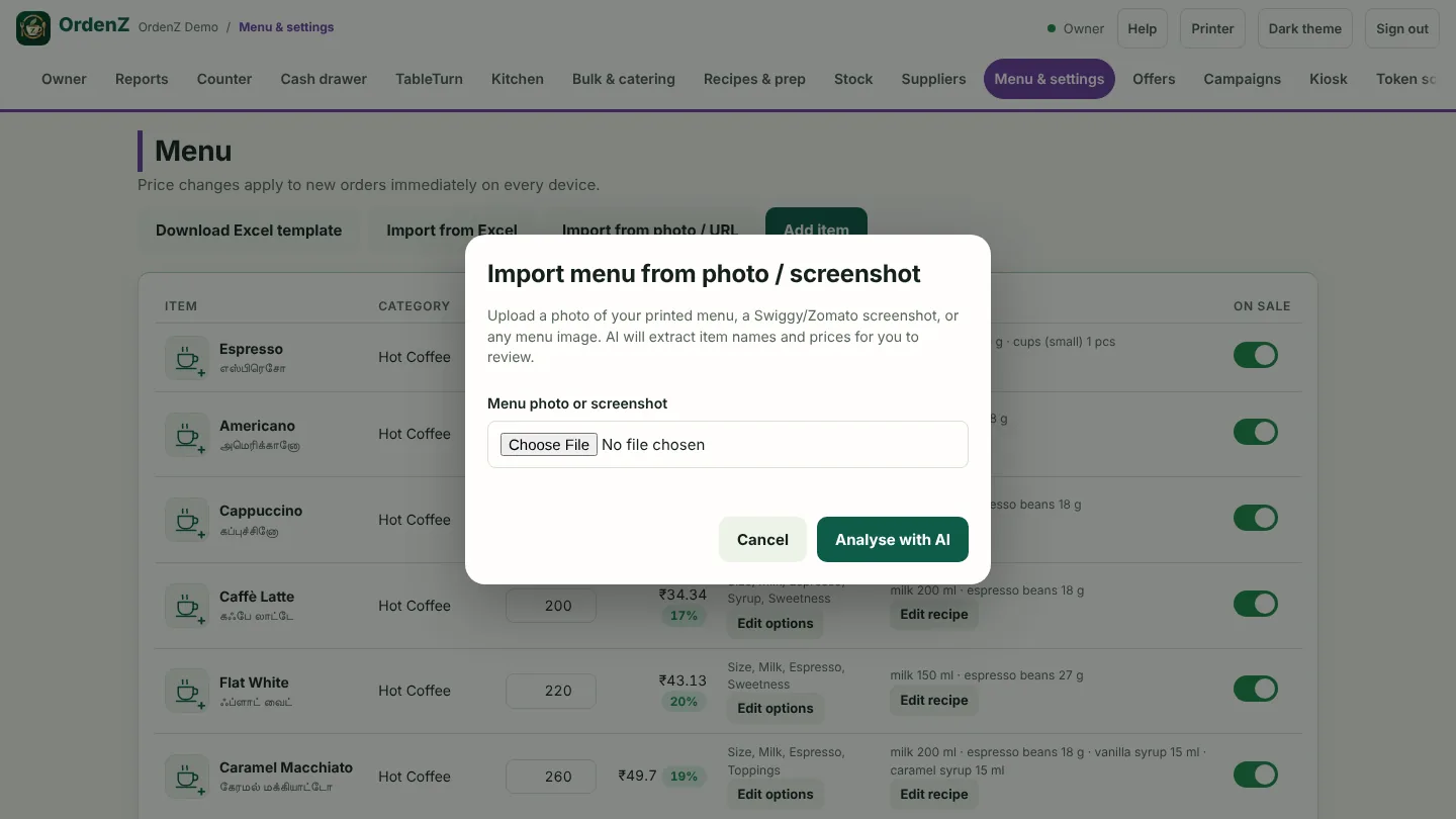 Importing a menu from a photo