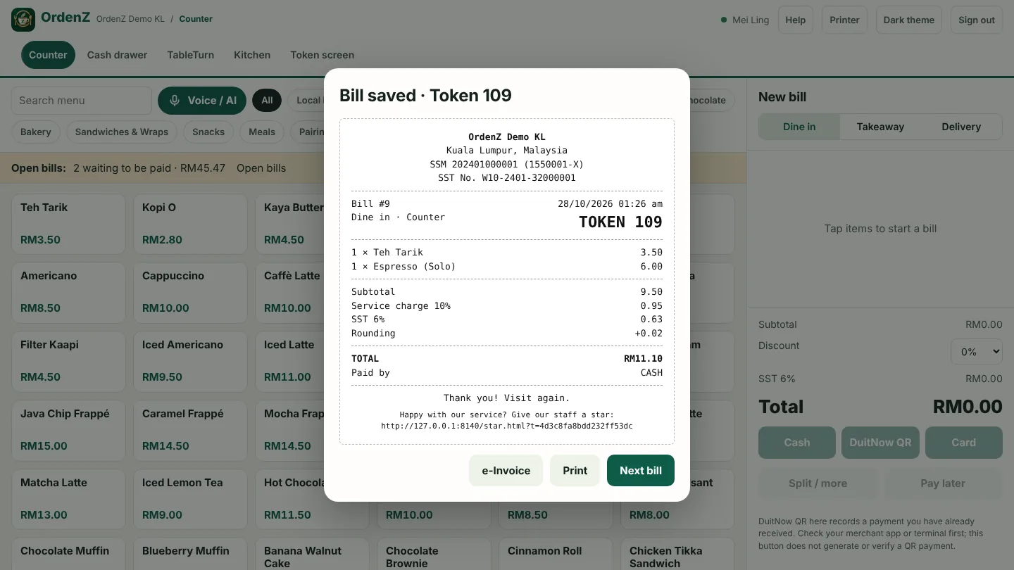 A Malaysian bill with service charge, SST and rounding