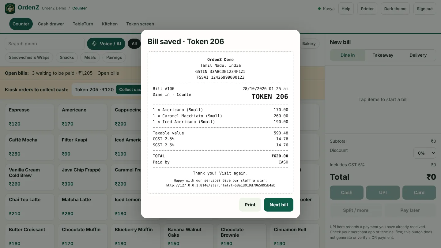 GST receipt on the counter screen