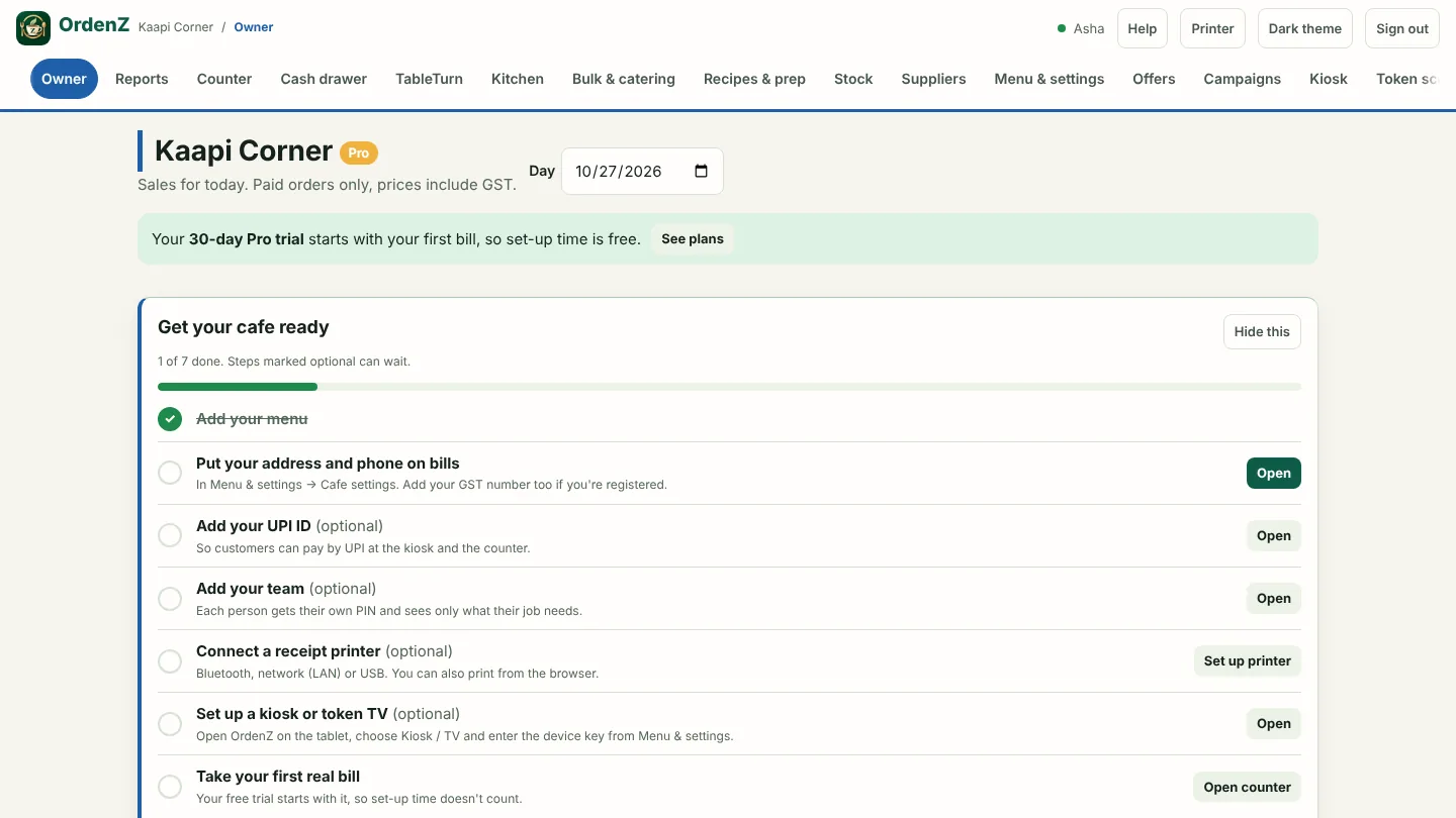 The Get your cafe ready checklist on the owner screen