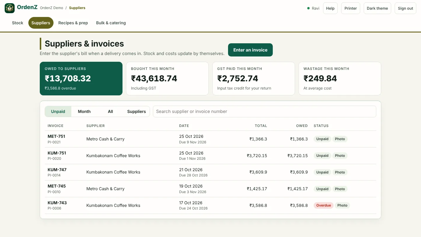 Suppliers and invoices: owed, bought this month, GST and wastage