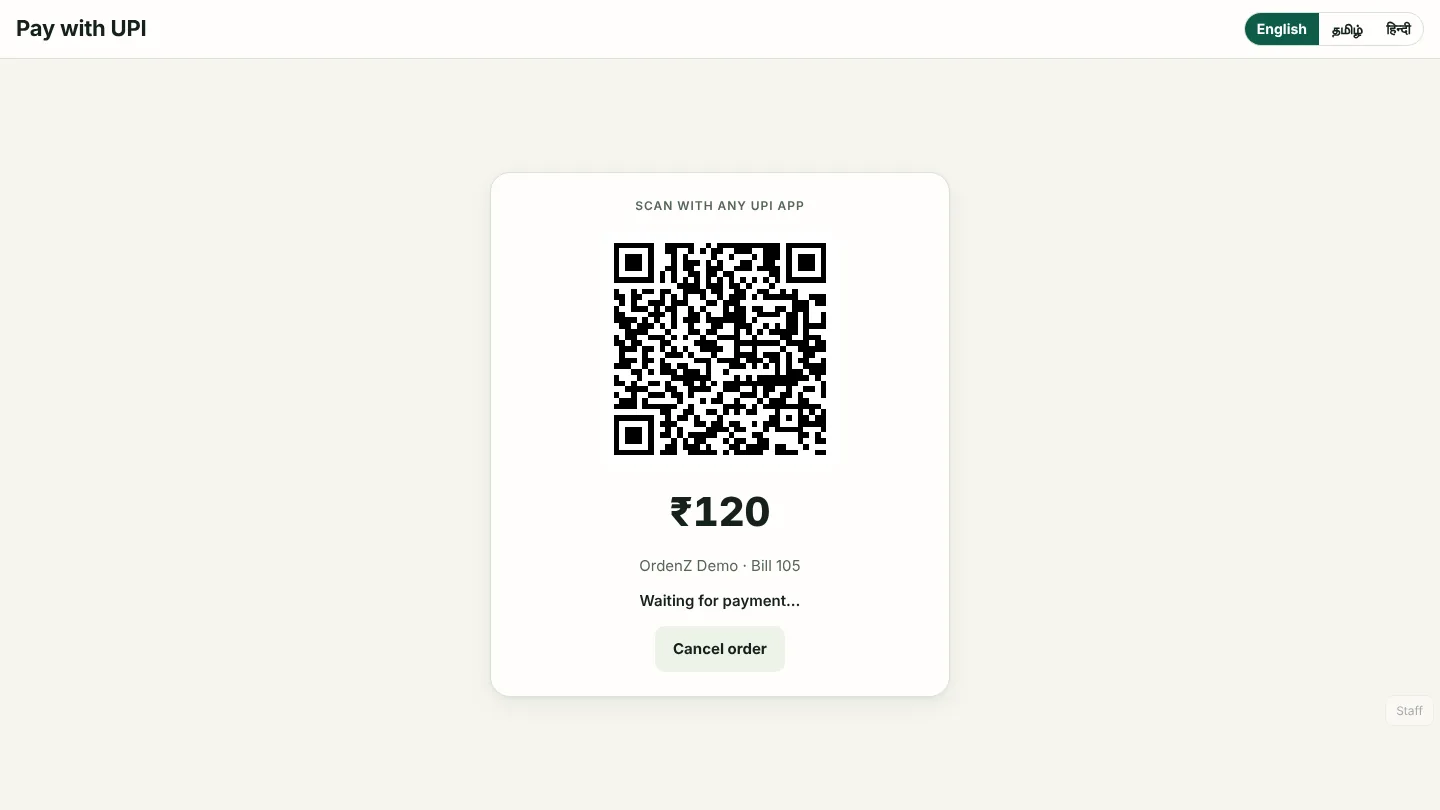 UPI QR code for the exact order amount